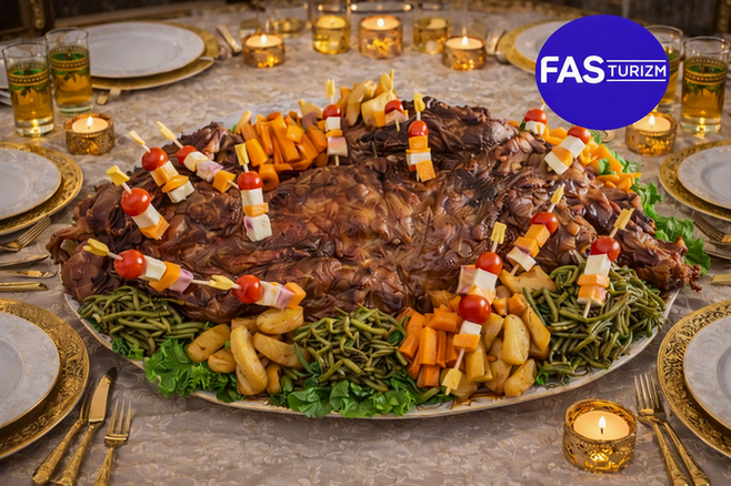 Geleneksel Fas Mechoui kuzu tandır sunumu ve zengin Fas sofra k&uuml;lt&uuml;r&uuml;