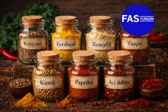 Kimyon, zerde&ccedil;al, zencefil, tar&ccedil;ın, kişniş, paprika ve acı biberden oluşan geleneksel Fas baharatları.