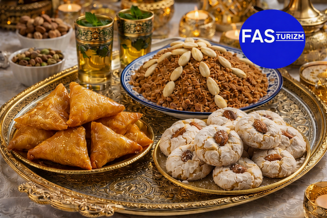 Geleneksel Fas tatlıları Ghriba, Briouat ve Sellou&rsquo;nun zengin sofra sunumu.