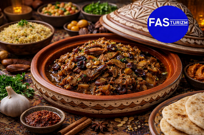 Geleneksel Fas etli tajin, kuru meyve ve baharatlarla hazırlanmış zengin sofra sunumu.
