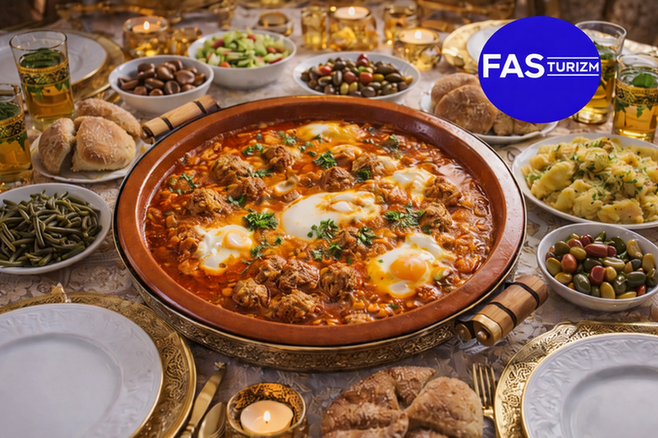 Geleneksel Fas k&ouml;fte tajin, yumurta ve baharatlı k&ouml;fte ile hazırlanmış zengin sofra sunumu.