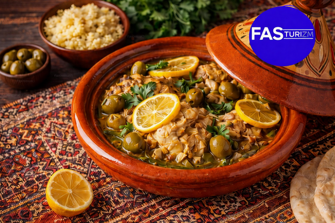 Zeytin ve limon dilimleriyle hazırlanmış geleneksel Fas limonlu tavuk tajin sunumu.