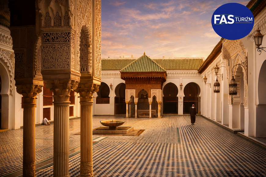 Fas turu kapsamında ziyaret edilen Fes Karaviyyin Medresesi avlusu